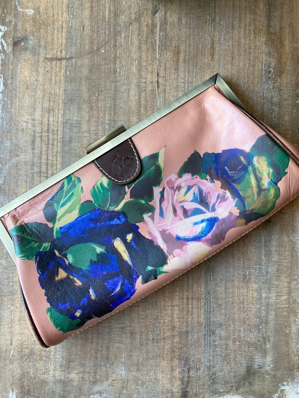 Patricia Nash Pink Floral Leather Clutch with Blue & Green Roses